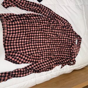 Topshop Pink and Black Houndstooth Tie-Neck Blouse